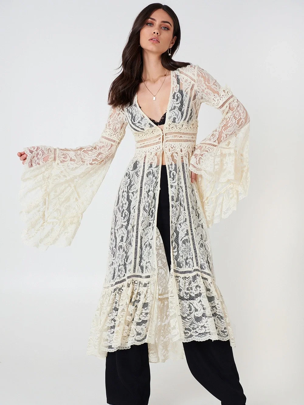 NWT RARE Free People Rhiannon Lace Duster XS Ivory Bell Sleeve Boho